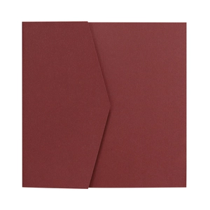 Close-up of a square dark red specialty paper envelope with a unique triangular flap