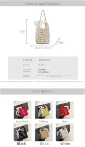 Detail der gehäkelten Strandtasche mit Spitzenschleife und sechs Farboptionen