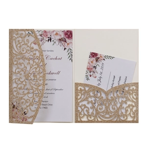 Lot d'Invitations de Mariage Découpe Laser Européenne Feuilles Intérieures Florales Enveloppes Papier Pailleté Élégant Invitation pour Banquet Fête Événements