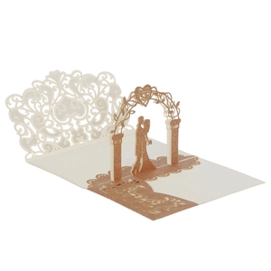 Elegant 3D laser cut wedding invitation with rose gold glitter and couple silhouette