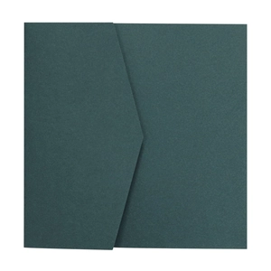 Macro shot of dark teal square envelope with textured paper and triangle flap closure
