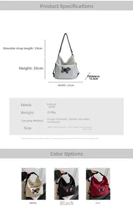 Detailed size chart and specifications for the cute cartoon Oxford fabric backpack