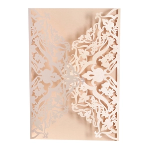 Detailed laser-cut champagne gold champagne pearl paper invitation card cover with damask floral pattern