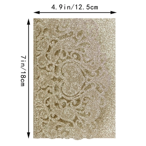 Detailed dimensions of the hollow lace floral wedding invitation with gold glitter finish