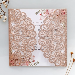 Detail showing the intricate laser-cut rose gold glitter pattern and floral inner card