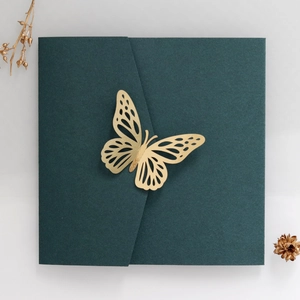 Dark emerald square wedding invitation card with laser-cut gold butterfly buckle detail