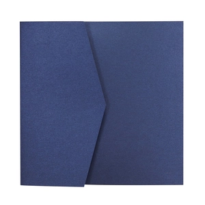 Close-up of a square dark blue invitation envelope with a classic V-flap and matte texture