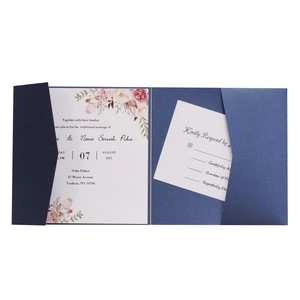 Elegant navy blue pocket wedding invitation set with floral design and RSVP cards