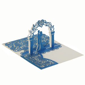 Laser cut blue glitter pop-up wedding invitation card with 3D couple silhouette
