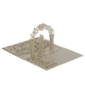 Detailed 3D laser-cut wedding card featuring a romantic couple under a floral arch