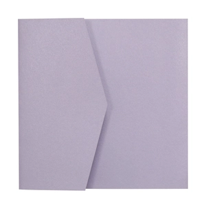 Macro detail of lavender pearlescent square wedding invitation with a side triangular fold