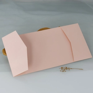Pink tri-fold wedding invitation holder in matte cardstock with inner card slots
