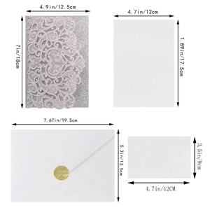 Detailed four-piece laser-cut silver glitter invitation set with dimensions and components