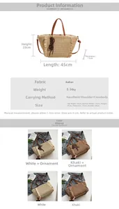 Detailed size specifications and dimensions for the fringed straw woven tote bag
