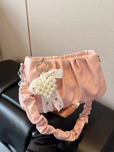 Women Pleated PU Leather Crossbody Bag Small Square Underarm Shoulder Bag With Artificial Pearl Heart Charm Bow Decoration Daily Niche Design