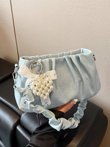 Light blue ruched underarm bag for women with pearl heart charm and lace bow detail