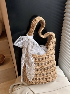 Women Hand Woven Knitted Shoulder Bag Lace Bow Decoration Hollow Out Crochet Bucket Bag Summer Vacation Casual Tote Bag