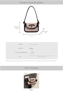 Detailed size chart and material specs for pink bow baguette bag with PU leather texture