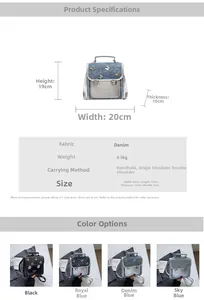 Size specifications and multi-color options for denim backpack with butterfly metal buckle