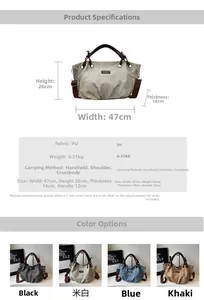 Detailed size specifications and color options for the large vintage pleated tote bag
