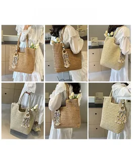 Detailed views of a woven straw tote bag with elegant tassel pendant and blue bead accents