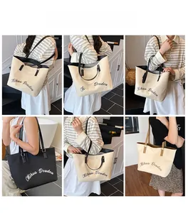 Detailed views of the large capacity tote bag shown in white, black, and beige colors