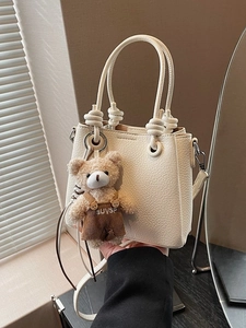 Fashion PU Leather Pebble Texture Bucket Bag For Women High-End Style Knotted Handle Crossbody Bag With Plush Bear Charm