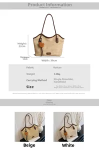Size guide for woven straw tote bag showing 39x22x12cm dimensions and material specs