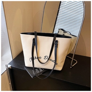 Elegante borsa tote in tela crema con scritta artistica nera Mihua Doudou chic