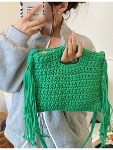 Bohemian Handwoven Knit Tassel Shoulder Bag For Women Hollow Out Handle Solid Color Knit Crossbody Bag Summer Beach Handbag