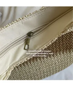 Detail of vintage bronze metal zipper and woven texture on this large tote bag