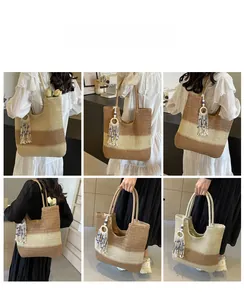 Detailed views of the tri-color straw tote bag with bohemian tassels and wooden beads