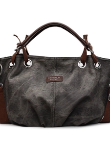 Retro canvas tote bag in dark grey with leather handles and adjustable shoulder strap