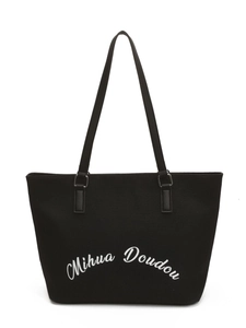 Borsa tote classica in tela nera capiente con manici in pelle e scritte artistiche