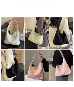 Collage of pleated tote bags in beige, black, and pink colors worn by a model