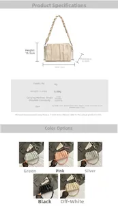 Detailed view of ruched shoulder bag dimensions and multi-color collection display