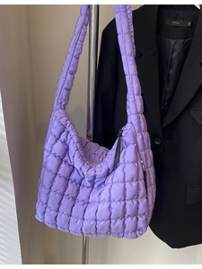 Quilted purple cloud tote bag in nylon fabric with spacious interior and wide strap