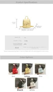 Infographic showing dimensions and five color options for this PU leather fashion backpack