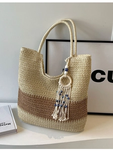 Large Capacity Woven Straw Tote Bag For Women Bohemian Evil Eye Tassel Beach Vacation Shoulder Bag Striped Patchwork Bag