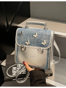 Women Fashion Butterfly Denim PU Backpack Casual Stitching Handbag Small Travel School Backpack With Metal Butterfly Decor