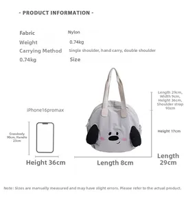 Detail of grey nylon tote bag showing dimensions and cute dog face pattern design