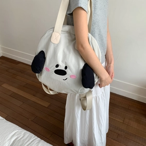 Detail of grey nylon tote bag with cute cartoon dog face and 3D black ears