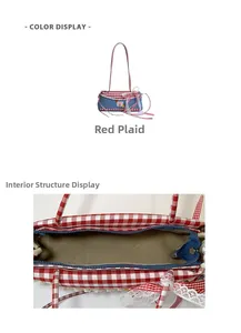 Detailed interior structure and red gingham lining of the sweet lace denim handbag