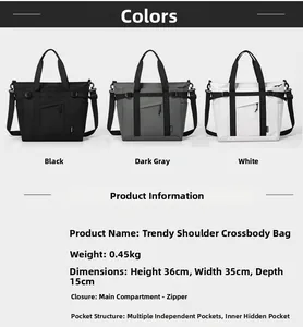 Detail guide showing nylon tote bag dimensions 36x35x15cm and color variations