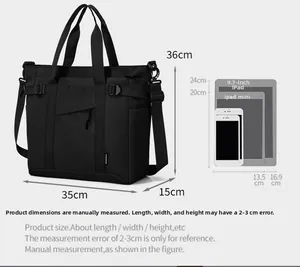 Size chart for black nylon tote bag showing dimensions 35x15x36cm and iPad compatibility