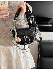 Women Trendy PU Leather Quilted Saddle Bag Minimalist Crossbody Shoulder Bag With Metal Chain And Braided Pendant Chic