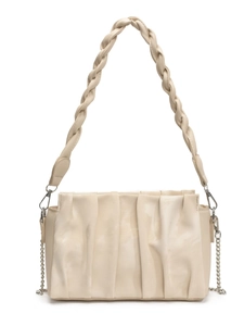 Chic pleated beige hobo bag with braided handle and detachable silver chain strap