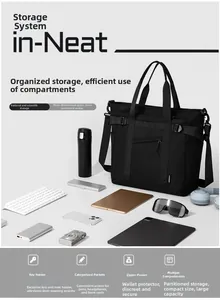 Detailed internal compartments of a black nylon tote bag showing EDC organization