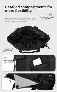 Detail of black tote bag showing laptop compartment, inner zip pocket, and front pouch