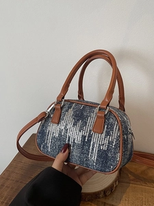 Sparkly blue denim Boston bag with silver sequins and brown faux leather handles